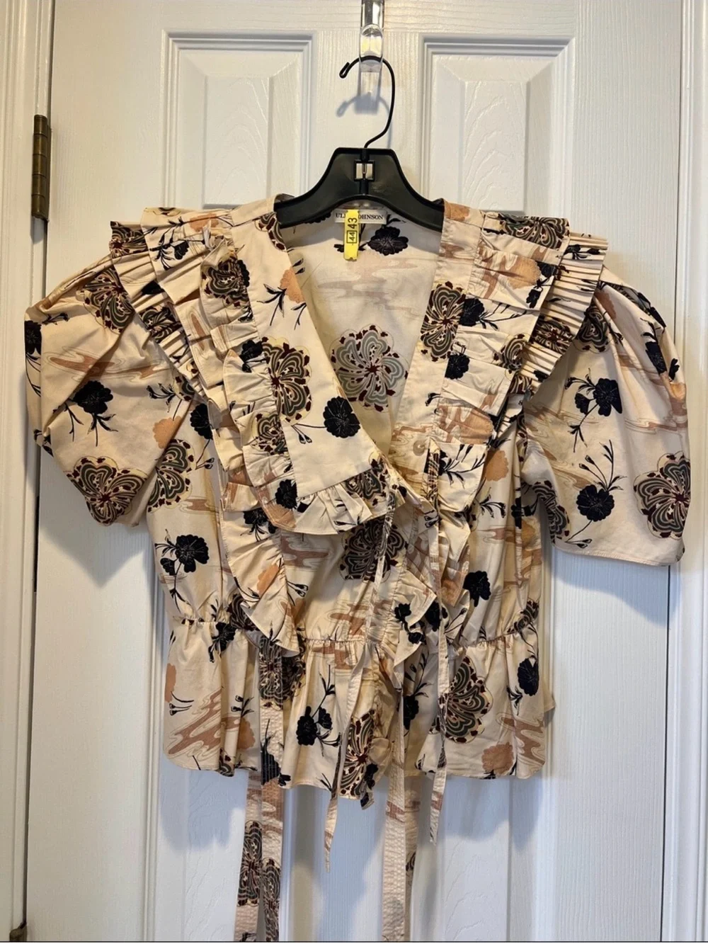 Floral Ruffle Wrap Blouse in Cream and Black - Women's Top